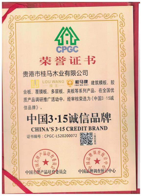 315诚信品牌荣誉证书